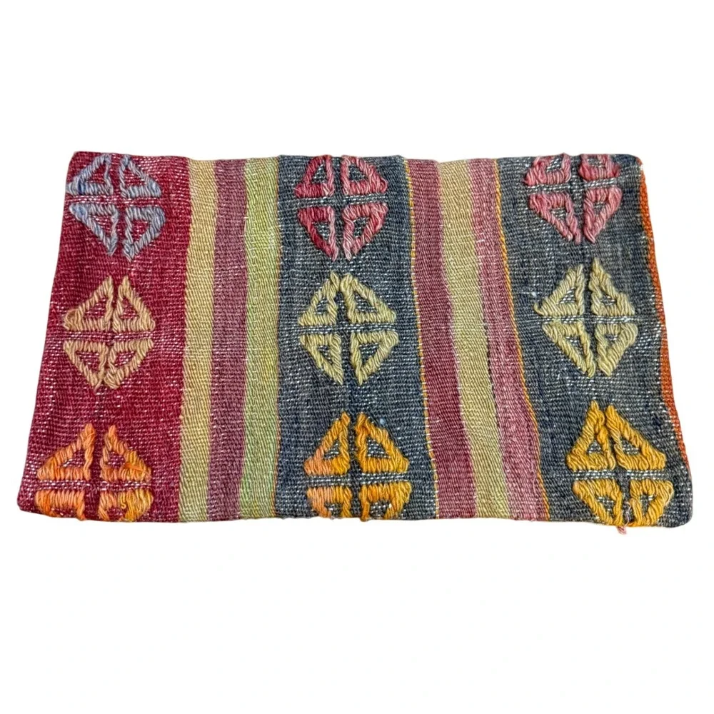 Handwoven Kilim Wool Pillow Cover 12x20 Geometric Southwestern Multicolor